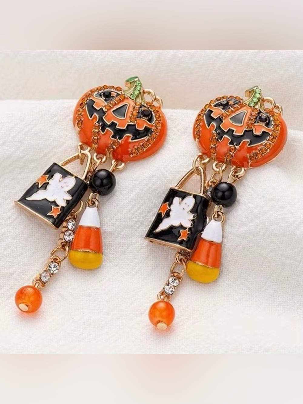 Halloween Rhinestone Enamel Pumpkin Dangle Earrings New
